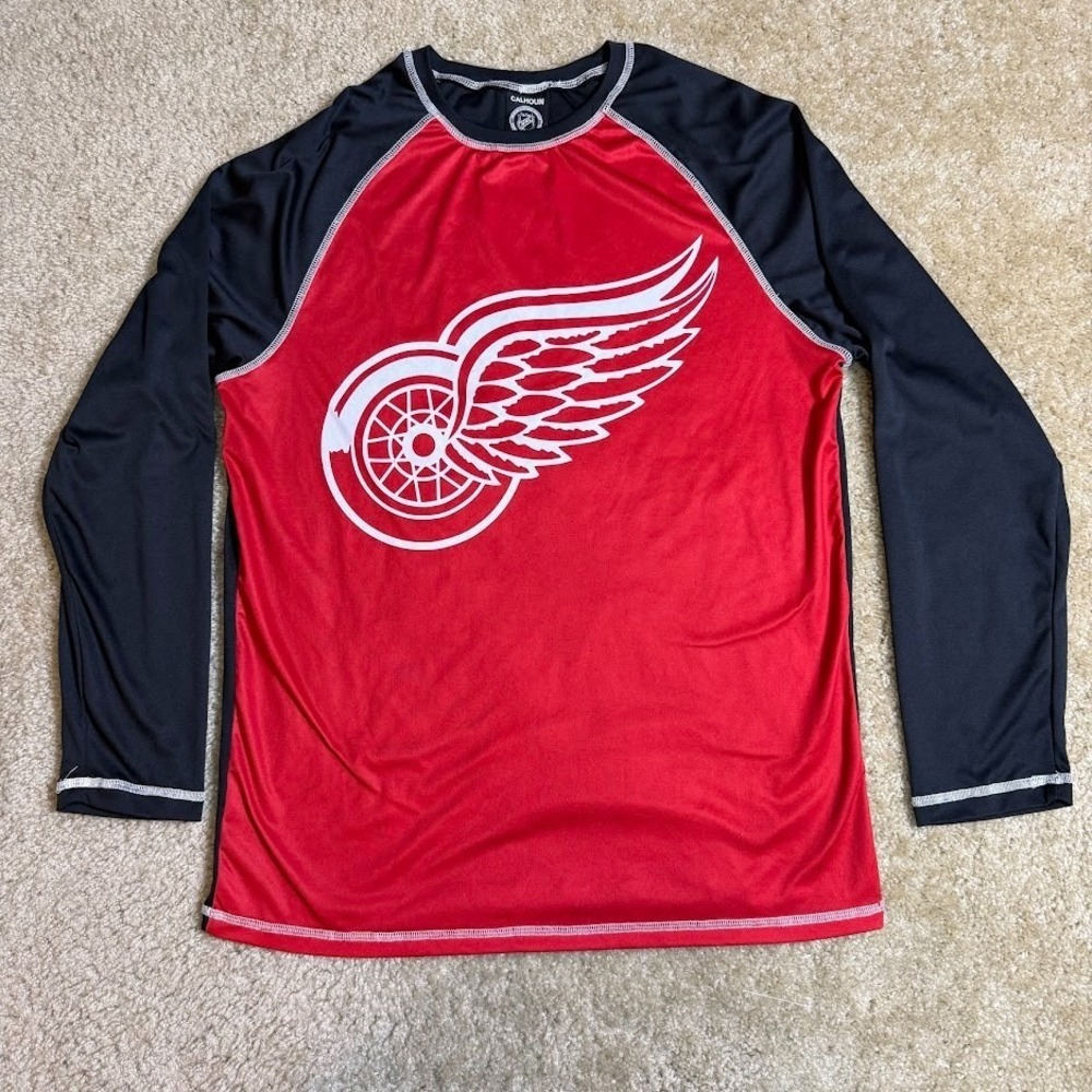 Detroit Red Wings NHL Perforamnce‎ Shirt Mens M Red Black Colorblock Long Sleeve
